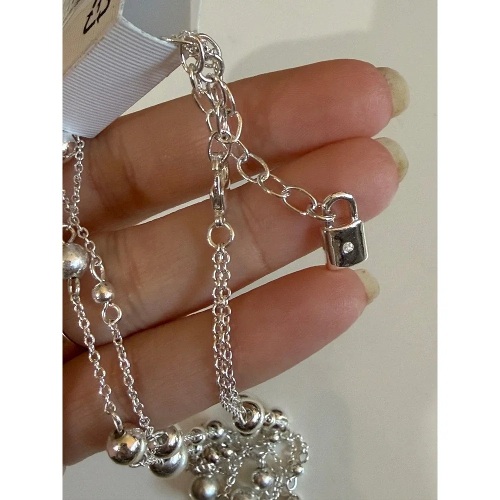 Chaps Silver Tone Double Strand Ball Bead‎ Layered Necklace Padlock Charm NWT